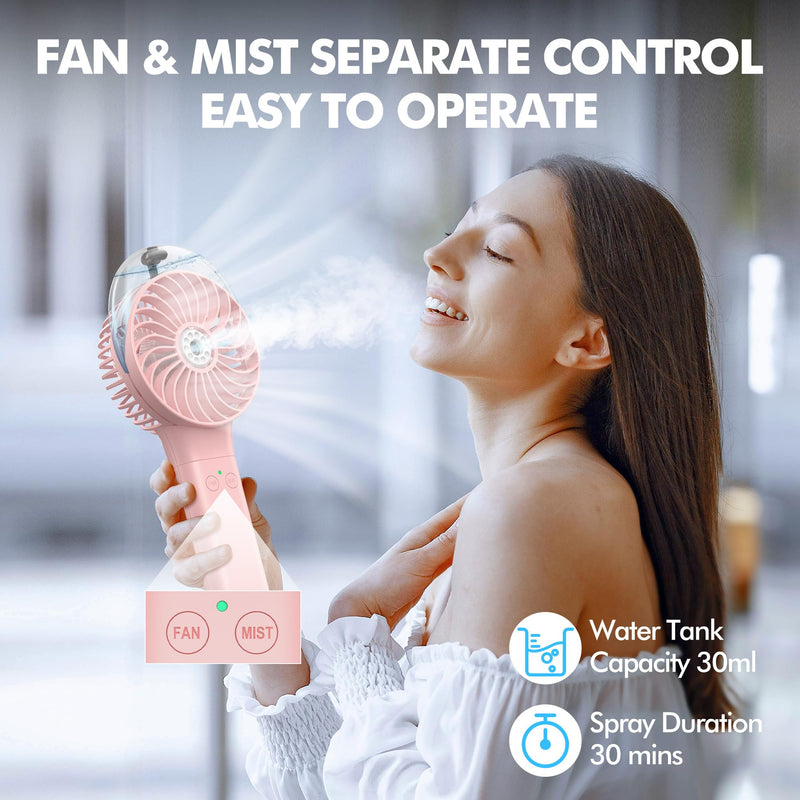 MORECORE Portable Misting Fan, 180° Foldable Handheld Personal Fan with Mist Spray, 3 Adjustable Wind Speeds, USB Rechargeable for Travel Outdoors Makeup Camping Home Office (Pink)