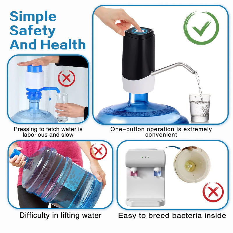 5 Gallon Water Dispenser, Portable Automatic Water Jug Pump, Electric Water Bottle Pump with Switch and USB Charging,Mini Water Pump with Silicone Hose for Camping, Home, Office（Black） Black