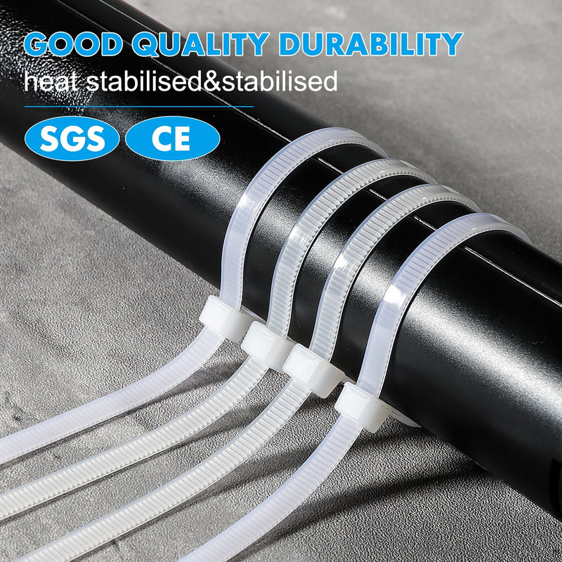 White Zip Ties 8 Inch 100 Pack Clear Tensile Strength 40 lbs UV Resistant Industrial Cable Ties Self Locking Zipties Wire Ties Wrap Indoor Outdoor Use for Fence Garage Camping 8 inch 100pack
