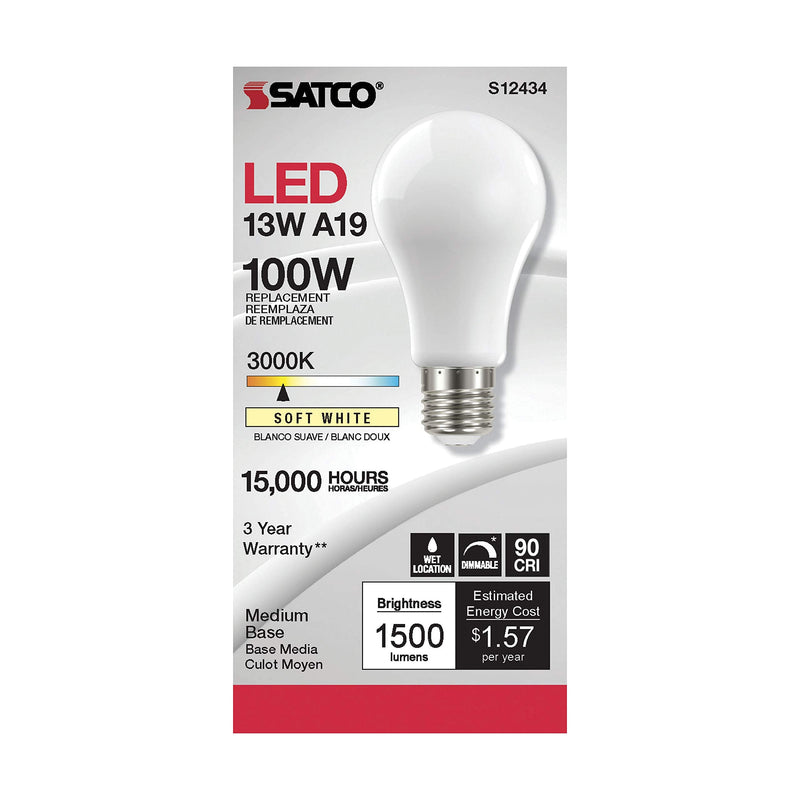 Satco (6 Pack Dimmable LED Filament Lamps, S12434, High Lumens, 13.5 Watt, A19, 3000K Soft White, 1500 Lumen, E26 Medium Base, 90 CRI, Soft White Finish, 120 Volt, Residential & Commercial