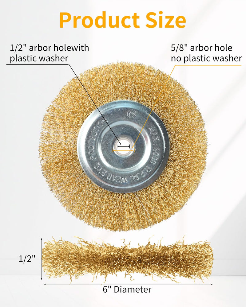 Wire Brush for Grinder - 6 Inch Fine Crimped Wire Wheel for Bench Grinder with 1/2" and 5/8" Arbor(0.0085Inch Wire Size), Efficiently Polish Nuts, Bolts and Assorted Car Parts. 6" 1Pcs