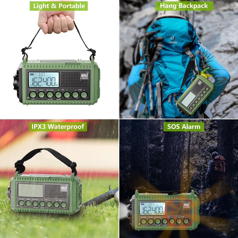 Raynic Emergency Radio, 12000mAh/44400mWh Battery Operated Weather Radio, Solar Hand Crank Radio with AM/FM/SW/NOAA Alert, Cell Phone Charger, Type-C Charging, Flashlight and SOS Siren Olive-Green-LCD Display