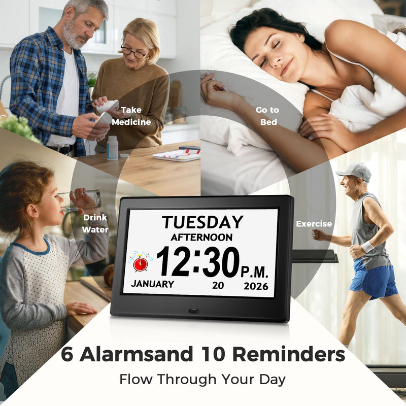7'' Digital Clock, Dementia Clock With Date And Time, 10 Reminders, 6 Alarms, Auto-Dimming, Auto DST, Remote Control, Large Display Alarm Clock For Seniors, Gifts For People With Dementia, Alzheimers 7" Black