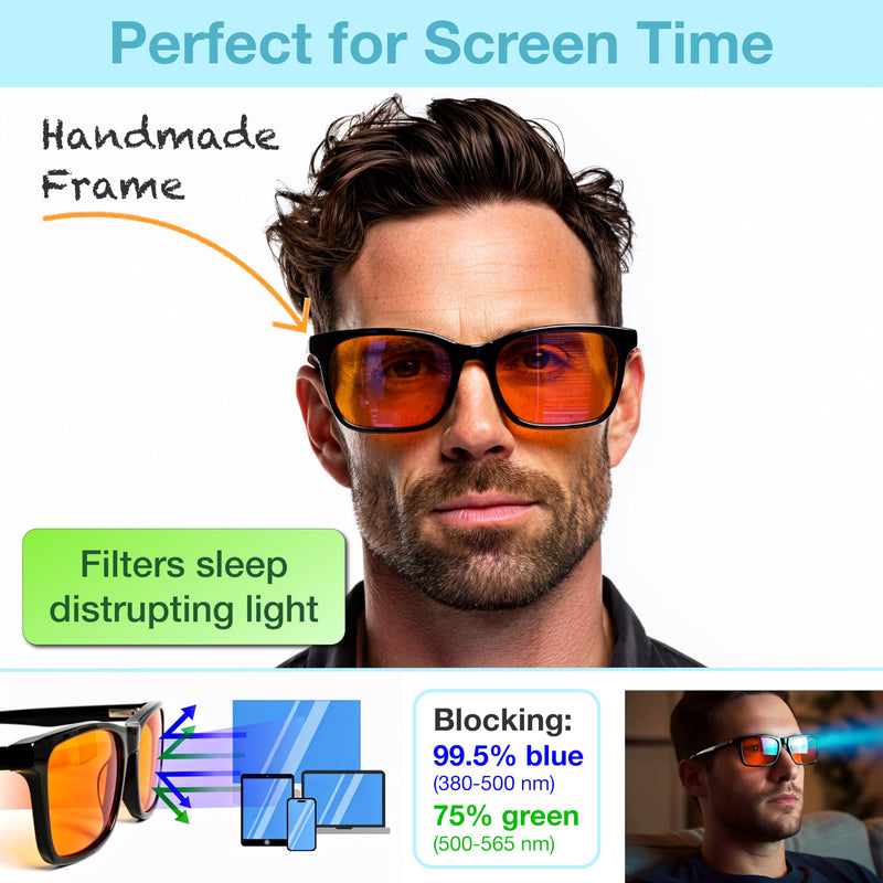 XL Orange Blue Light Blocking Glasses for Better Sleep - 99.5% Premium Acetate Computer Migraine Glasses for Men - Amber Tint Gaming Glasses - TV Blue Light Blockers Gamer Glasses for Eye Strain