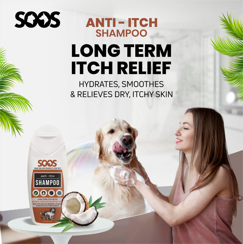 Soos Pet Shampoo Anti-Itch Cat and Dog Shampoo Dead Sea Minerals Fast Absorbing Soothes Itching Clean Fur with Vitamins Essential Oils Natural Ingredients - 1x Bottle (250ml) - PawsPlanet Australia
