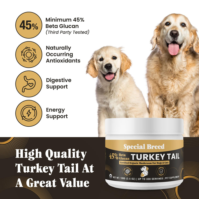 Organic Turkey Tail Mushroom for Dogs and Cats, 45% Beta Glucan Standardized, Hot Water Extracted Whole Fruiting Body, Third Party Tested, Immune and Gut Support, No Fillers, Made in USA, 330 ct 3.5oz
