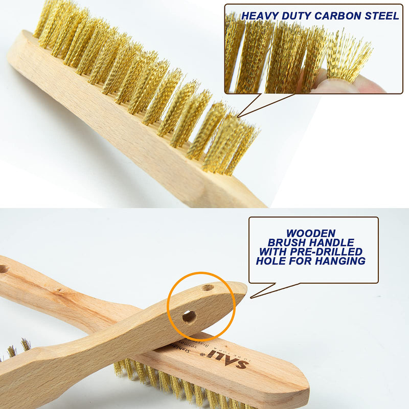 SALI Wire Brushes for Cleaning Rust Removal Heavy Duty Brass Brush Tool for Automotive,Paint , Welding Slag,Grill,Household Clean 11" Long Curved Beechwood Handle , 14X4 Rows Bristles Pack of 2
