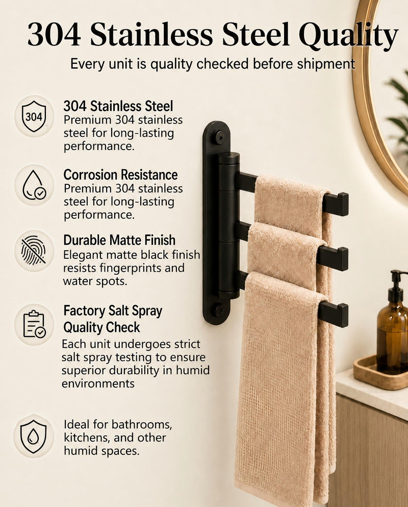 3 Arm Swivel Towel Hook, SUS 304 Stainless Steel Wall Mount, Oil Rubbed Finish, Contemporary Style (Matte Black) Matte Black