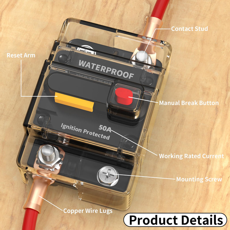 DaierTek 50 Amp Circuit Breaker 2-Pack with Transparent Cover Waterproof Marine Circuit Breaker 12V - 48V Resettable Inline Fuse Switch, 12 Volt 50A Breaker for Boat Trolling Motor Car Automotive 50A with Cover