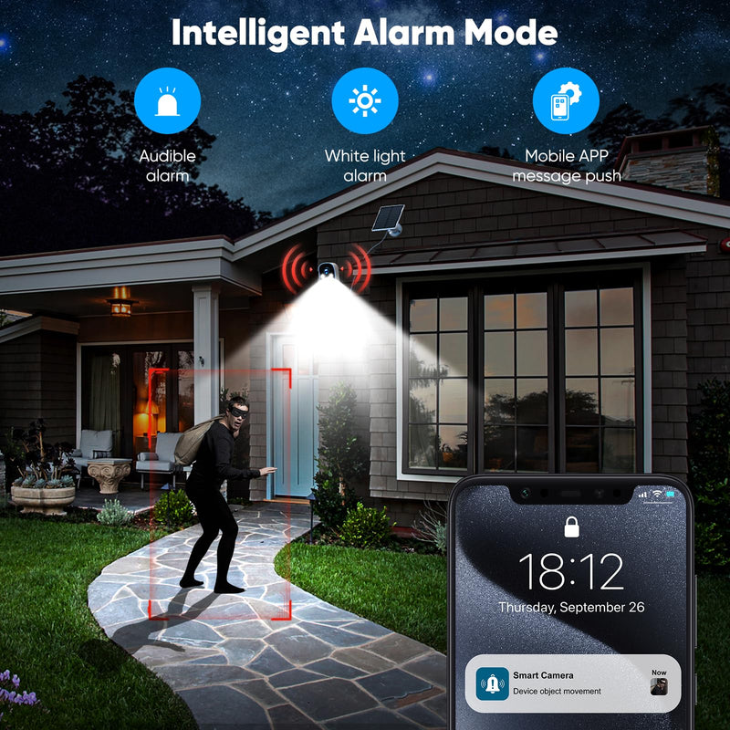 Security Cameras Wireless Outdoor, 2K Battery Powered Color Night Vision Camera, PIR Motion Detection, IP66 Waterproof, Cloud Storage/Mic-SD, Instant Alert, 2.4GHz WiFi, Solar Camera for Home White pack of 1