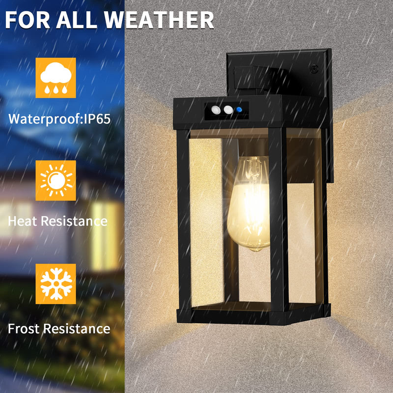 Solar Wall Lights Outdoor, Solar Wall Sconce with 3 Lighting Modes & Motion Sensor, Waterproof Porch Light with Clear Panel for Garage Porch Yard Front Door 5.8 x 5.8 x 13.58 in Black-1Pack