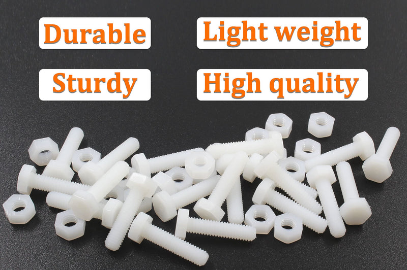 Piutouyar 20 Pair M6x25mm White Nylon Hex Bolts Plastic Hex Nuts Full Thread Hex Head Screws and Nuts Set