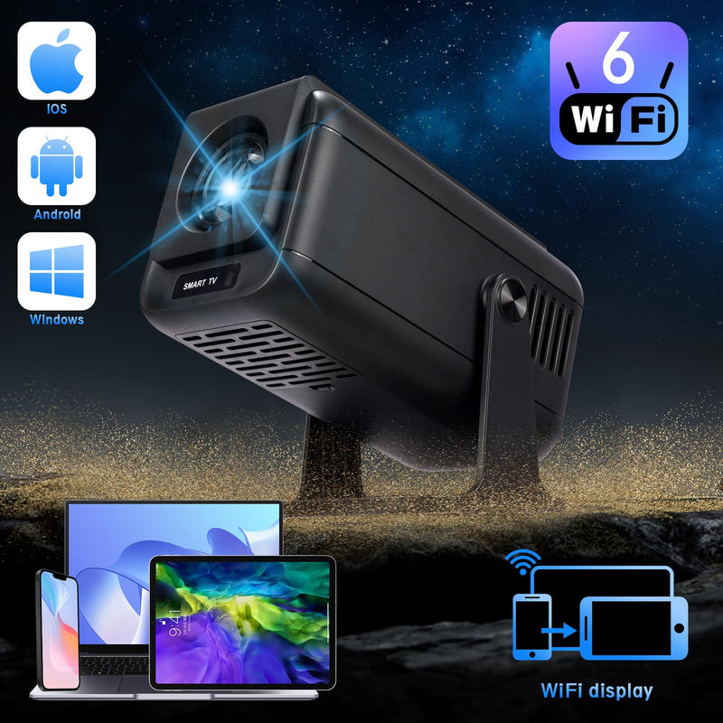 Mini Projector, V1 Portable Projector, Native 1920*1080P Support 4K Parse with Dual-Band WIFI6 5G Wireless 5.0 Bluetooth Android 13, 600ANSI, 270° Rotatable, Auto Keystone Correction Video Projector