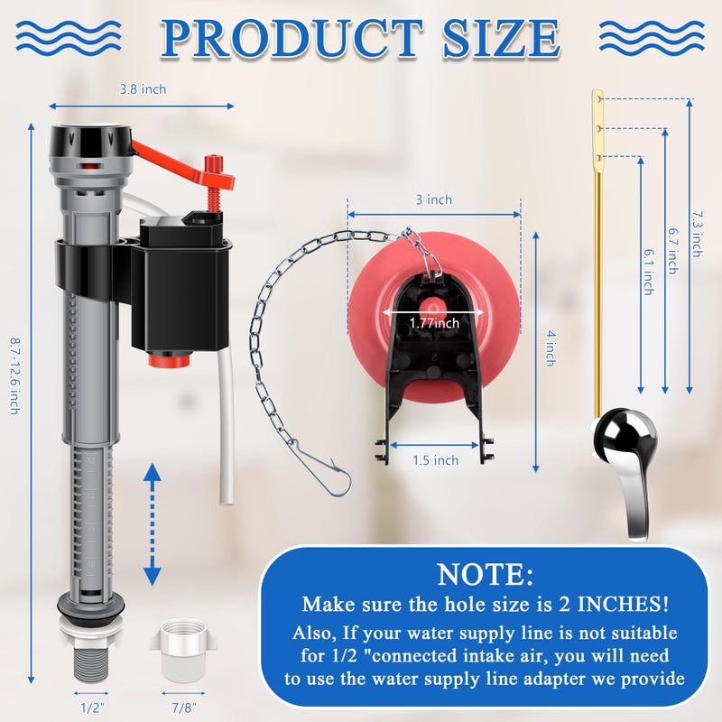 Fayoo Universal Toilet Tank Replacement Repair Kit Include Toilet Fill Valve, 2 Inch Rubber Toilet Flapper, Front Mount Toilet Flush Brass Handle, 1 Pair of Work Gloves, 2 Adapter Pipe Fittings