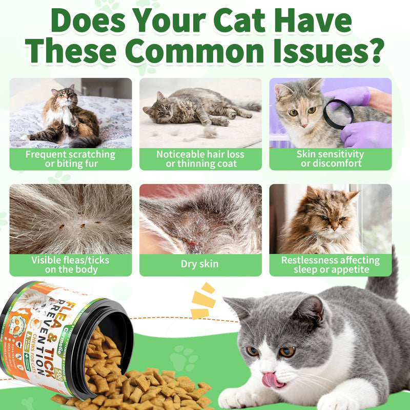 Flea and Tick Prevention for Cats, 500 Crunchy & Creamy Chews, Cat Flea Chewables with Natural Oral Flea Treatment Supplement Cats, Skin & Coat Support - All Breeds & Ages - Chicken and Krill Flavor