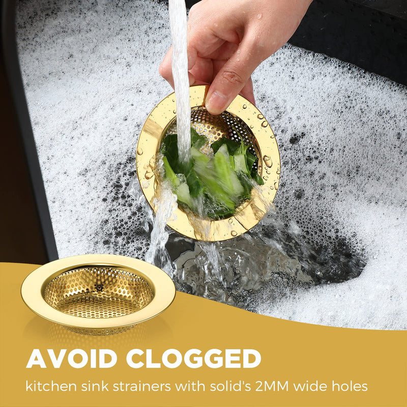 Mudder 3 Pcs Kitchen Sink Drain Strainer and Stopper Stainless Steel Garbage Disposal Plug with Handle Universal Anti-Clogging Kitchen Sink Filter Sieve Basket Strainer(Light Gold) Light Gold