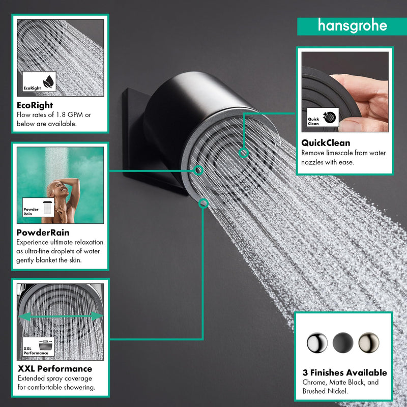 hansgrohe Pulsify S 4-inch Modern Showerhead 1-Spray PowderRain with QuickClean in Matte Black, 24131671, 2.5 GPM