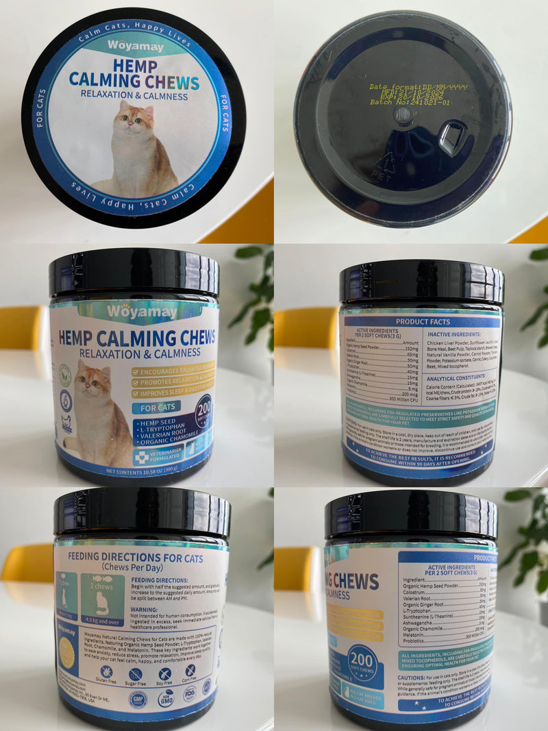 Woyamay Cat Calming Chews, 200 Treats Calming Treats for Cats for Anxiety & Stress Relief, Calming Treats for Cats, Melatonin Cat Calming Chews for Separation, Travel, Grooming