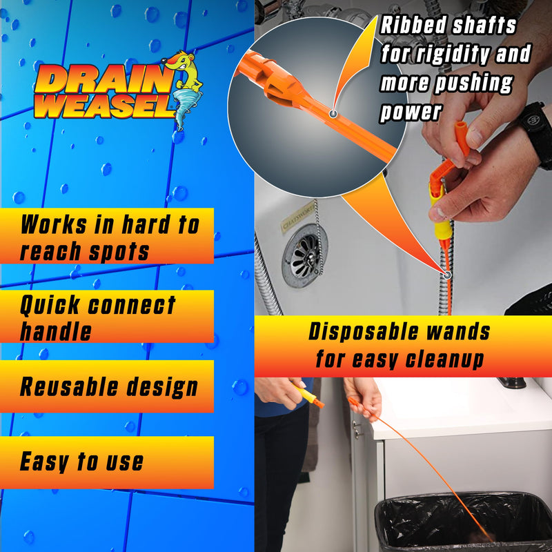 FlexiSnake Pro Drain Weasel Sink Snake Cleaner with New Molded Tip - 18″ - Drain Snake Clog Remover Tool with Rotating Handle & 5 Wand Refills - Easy to Use on Drains & Grates - Made in USA - 5-Pack 5 pk
