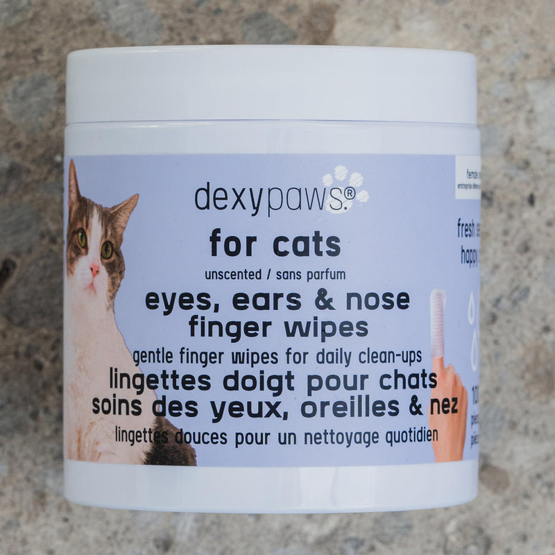 Dexypaws: Eyes, Ears & Nose Finger Wipes - Cat - 100ct Soft Cleansing Wipes, Unscented, Pet Safe, Daily Grooming & Care, Control Design, Pre-Moistened