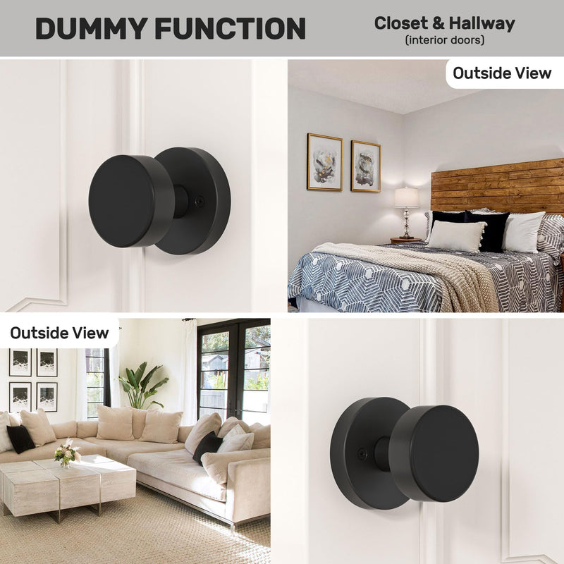 2 Pack Matte Black Dummy Door Knob Interior, Black Door Knobs for Bifold and Closet Doors, Heavy Duty Round Modern Door Handle 2 Pack Dummy