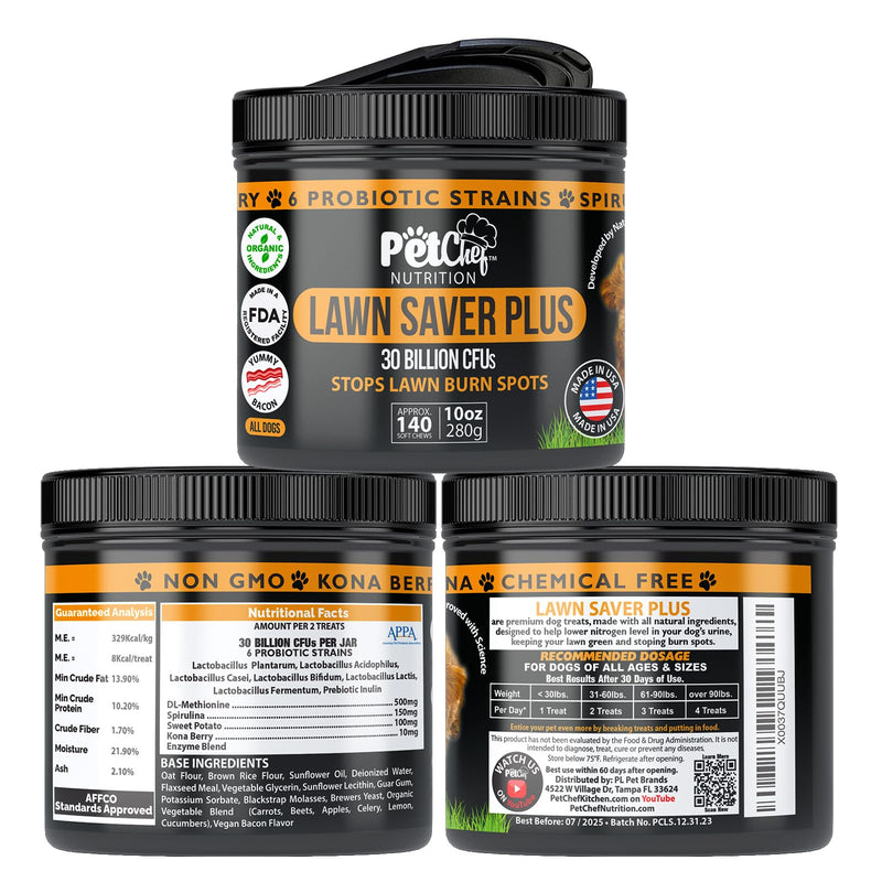 Pet Chef Lawn Saver Plus! - Dog Urine Neutralizer for Lawn, Grass Saver Soft Chews, Green Grass Dog Chews, Prevents Lawn Burn from Dog Urine, Repair & Prevent Damage to Green Plants from Dog Pee. Bacon