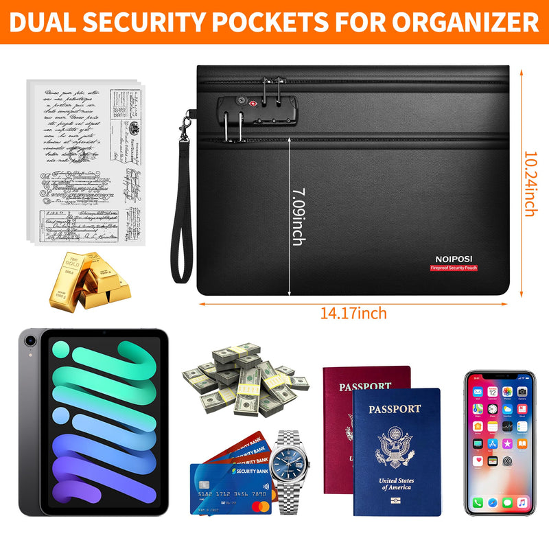 Noiposi 6400℉ Fireproof Money Bag with Lock,Dual-Zip Compartments Fireproof Document Bag for Documents and Cash,12 Layers Heat Insulated Fireproof Pouch with Zipper,Protects Important Papers,Valuables 14.17 x 10.24", 1pack Black