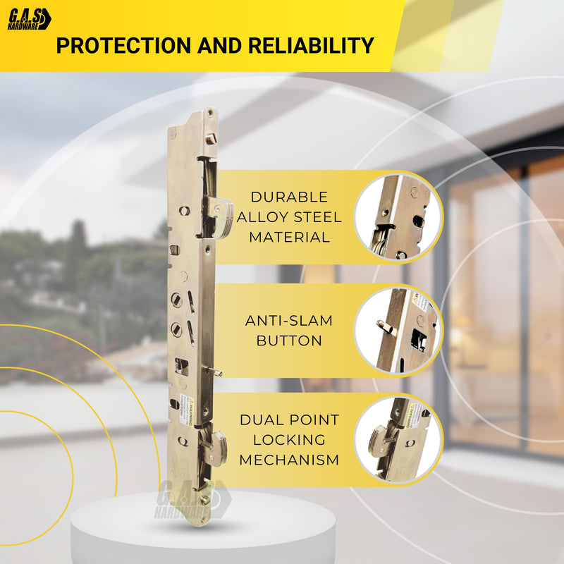 Alloy Steel Dual Point 9-15/16" Mortise Lock with 10-1/8" Faceplate for Sliding Patio Glass Door | Multi Point Locking Mechanism Replacement - Fix and Repair Door Hardware Security 9-15/16" Mortise Lock and Faceplate