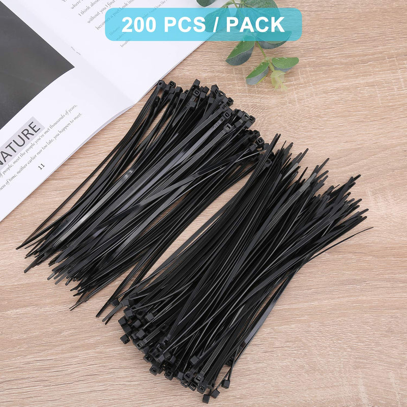 200pcs Zip Ties 8 Inch Black, Heavy Duty Zip Tie, 50lb Strength Cable Ties, Industrial Nylon Wire Tie Wraps for Garage and Workshop. 8inch 200pcs