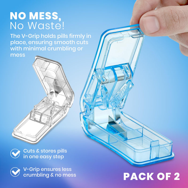 Pill Splitters - (Pack of 2) Pill Cutters with V- Grip for Small and Medication - Easily Cut Pills, Splitter | Cutter and Crusher with Pill Holder Case to Spli (1) Blue + (1) Clear