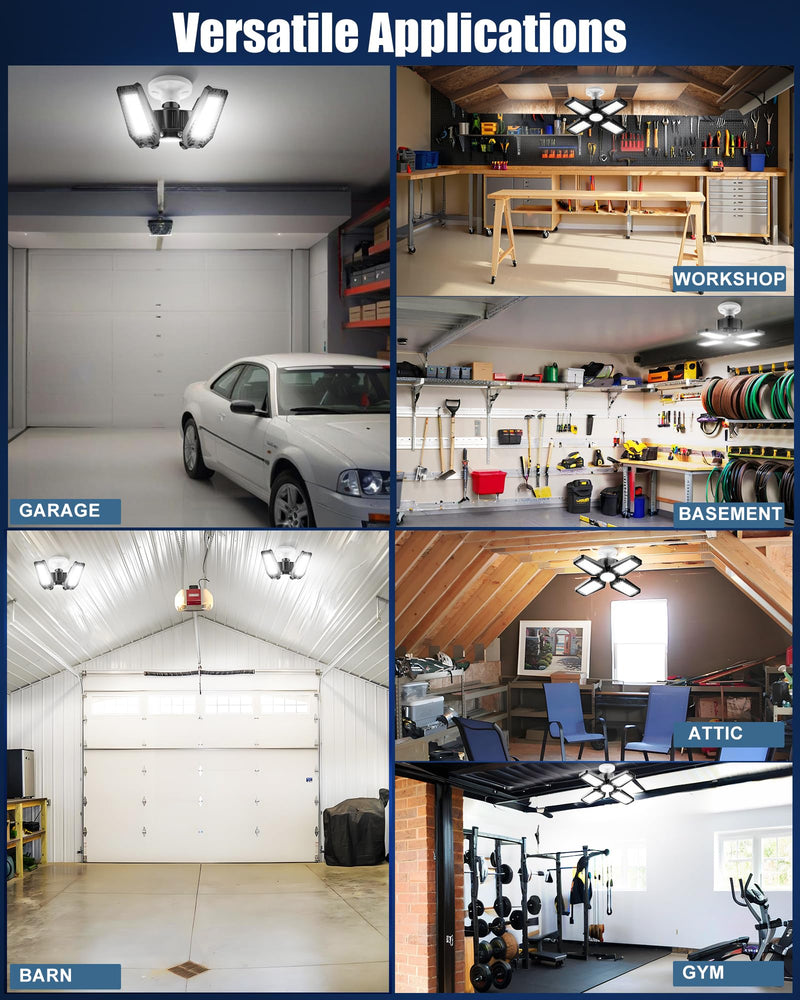 Garage Light 2 Pack - 120W 12000LM 6500K LED Garage Lights, Screw in Garage Lights Ceiling Led with 4+1 Deformable Panels, Lighting for Garage, Workshop, Barn, Basement Storage Room