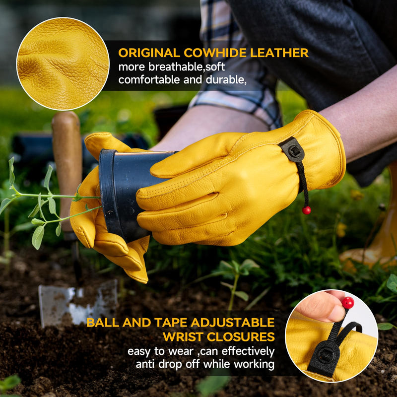 OZERO Leather Work Gloves for Men, 3 Pairs Full Grain Cowhide Garden Gloves, ANSI/ISEA 105 Tested, Puncture Level 4, Abrasion Level 3, Adjustable Wrist for Yard Work & Gardening (Gold Medium) Medium (3 Pair)