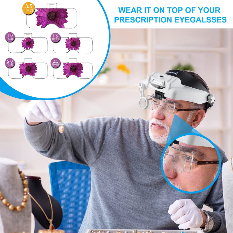 Headband Magnifying Glass with Light, Rechargeable Head Magnifying Glasses 1X to 14X, Magnifier Headset with 6 Detachable Lens, Hands Free Head Mount Magnifier for Close Work Jewelry Crafts 1x-14x Head Mount Magnifier