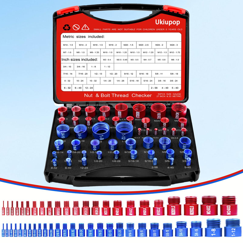 50PCS Thread Checker Kit – SAE & Metric Bolt Thread Checker, Nut & Bolt Size Finder Tool (27 SAE + 23 Metric) – Thread Gauge for Quickly Identifying Screw, Nut, and Bolt Sizes 50