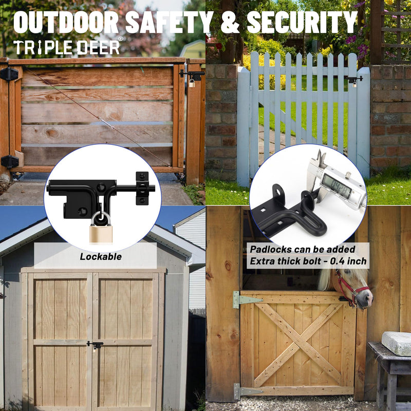 TRIPLE DEER Heavy Duty Sliding Bolt Gate Latch with Padlock Hole & Carriage Bolt, Slide Bolt Hardware for Wooden Fence/Yard Fence/Shed Door/Barn Door, Black, 4 Pack