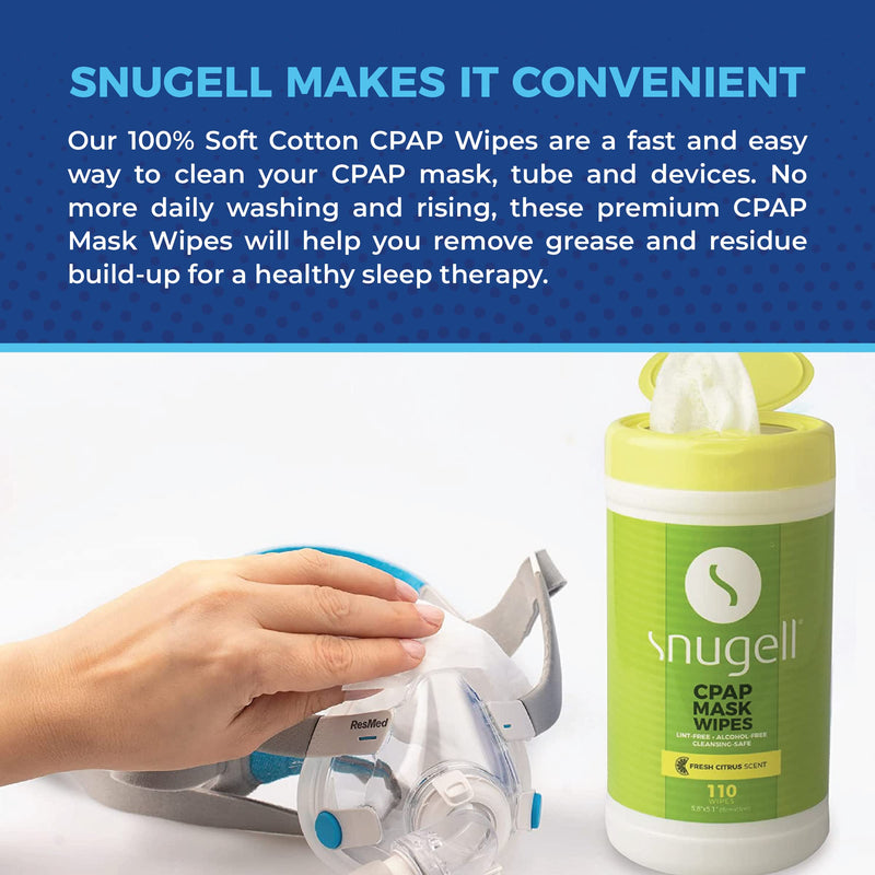 Snugell Citrus Scented CPAP Mask Wipes – 110 Count – 100% Soft Cotton, Lint-Free, Alcohol-Free – Skin-Safe Formula with Aloe Vera – Easy-Open Canister for Cleaning CPAP Masks, Tubes, and Devices 110 Count (Pack of 1)