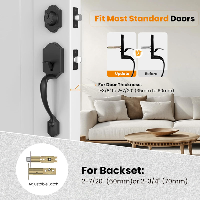 HOSOM Matte Black Front Door Handle with Deadbolt, Door Handle Exterior, Door Lock Set, Door Lever with Single Cylinder Deadbolt Reversible for Right and Left Handed