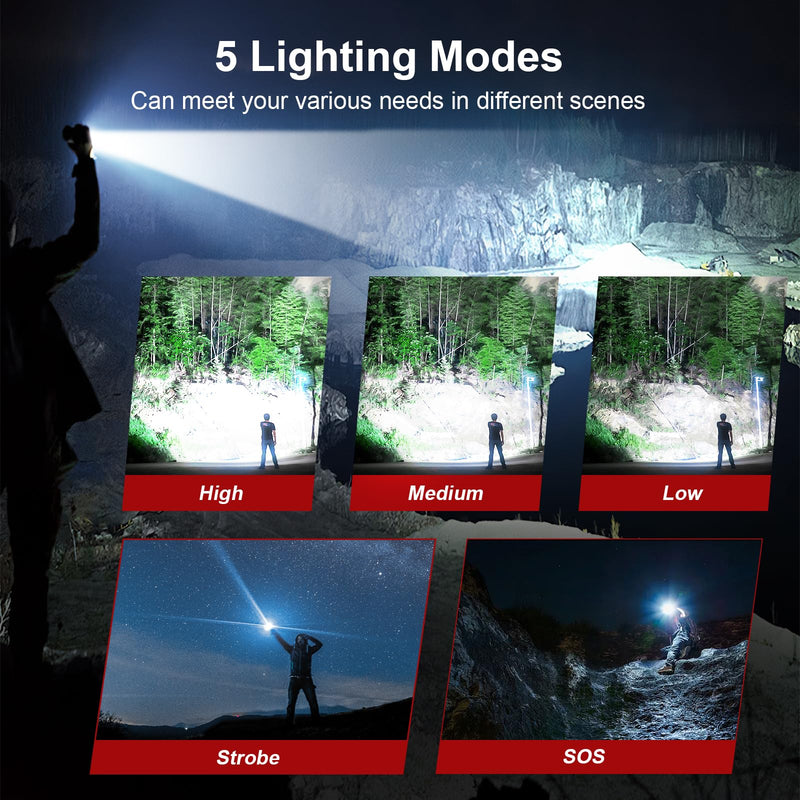 Flashlight 10000 High Lumens Rechargeable - 30W Super Bright LED Flash Light | 5000ft Beam & 12H Long Lasting USB C High Powered Handheld Police Flashlight for Home, Camping, Hiking, Emergency Black
