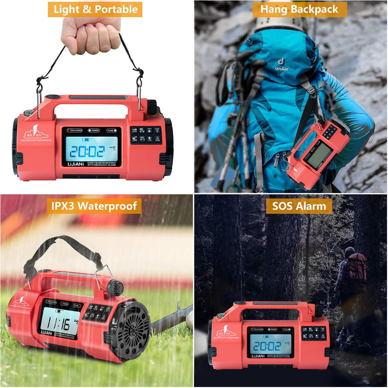 Hand Crank Emergency FM/AM/SW Weather Radio NOAA Alert, USB-C Solar Power, Bright Flashlight with Cell Phone Charger, Timer Clock for Home & Outdoor Hurricane Storm Survival kit Red