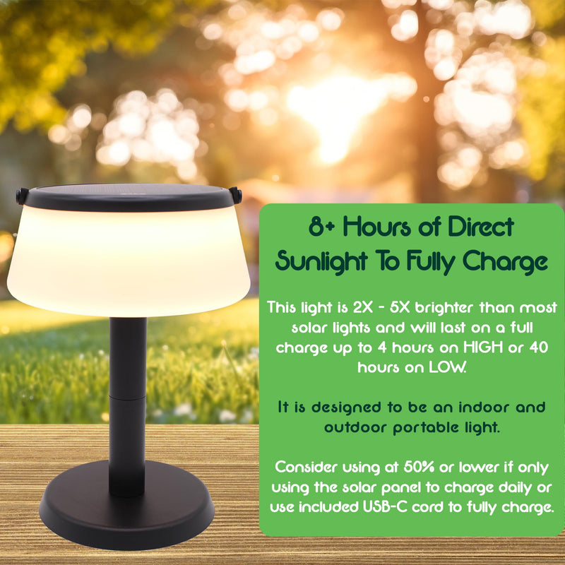 2-in-1 Portable Solar Power LED Table Lamp & Lantern - Indoor/Outdoor - Stepless Dimming - Rechargeable Battery - 330 lumens, 2700K - IP44 Weather Resistant - Black - 1 Pack