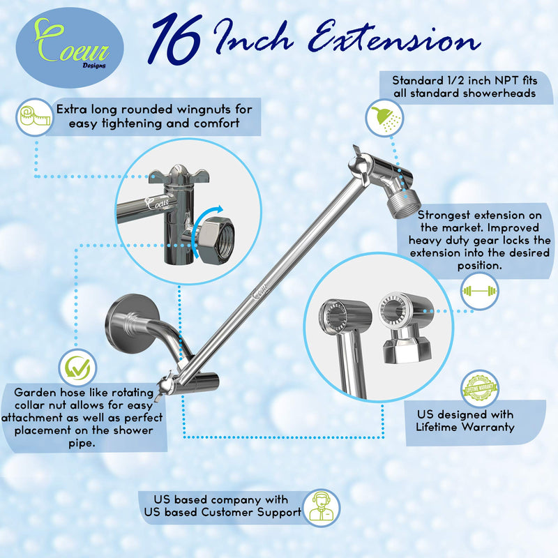 16-Inch Extra Long Shower Extension Arm. Solid Brass. Height/Angle Adjustable With a Unique Locking Gear for a Perfect Position Every time. Holds All Showerhead Sizes!! 16 Inch Oil Rubbed Bronze