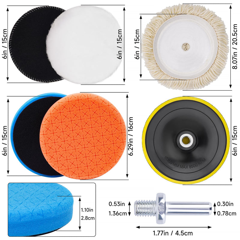 10pcs Polishing Buffing Pads for Drill - 6 Inches Car Polishing kit, Car Foam Buffing Sponge Pads Kit with M14 Drill Adapter,Wool Pads,for Body Foam Wax & Drill Buffing