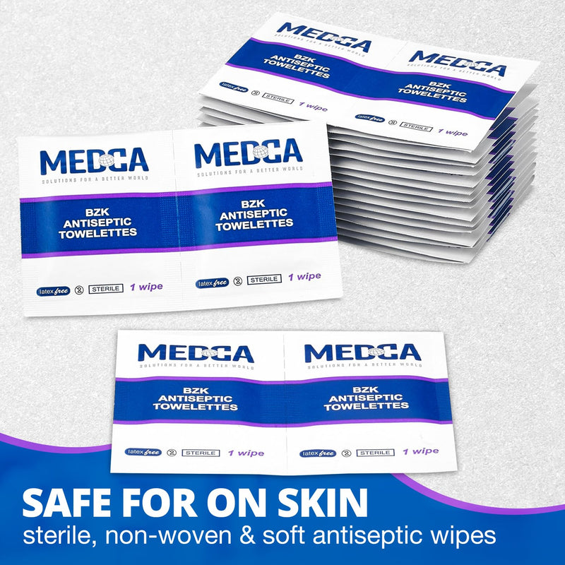Hand Wipes – (Pack of 100) Benzalkonium Chloride Swabs Individual BZK Single-Use Packets by MEDca 100 Count (Pack of 1)