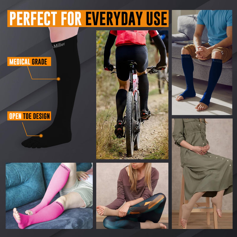 Doc Miller Open Toe Compression Socks, 20-30 mmHg, Toeless, Support Circulation, Shin Splints, Calf Recovery, Post Op, Knee High, Medical Grade, Black Socks, Large Size for Tall Men & Women, Pair Large Tall