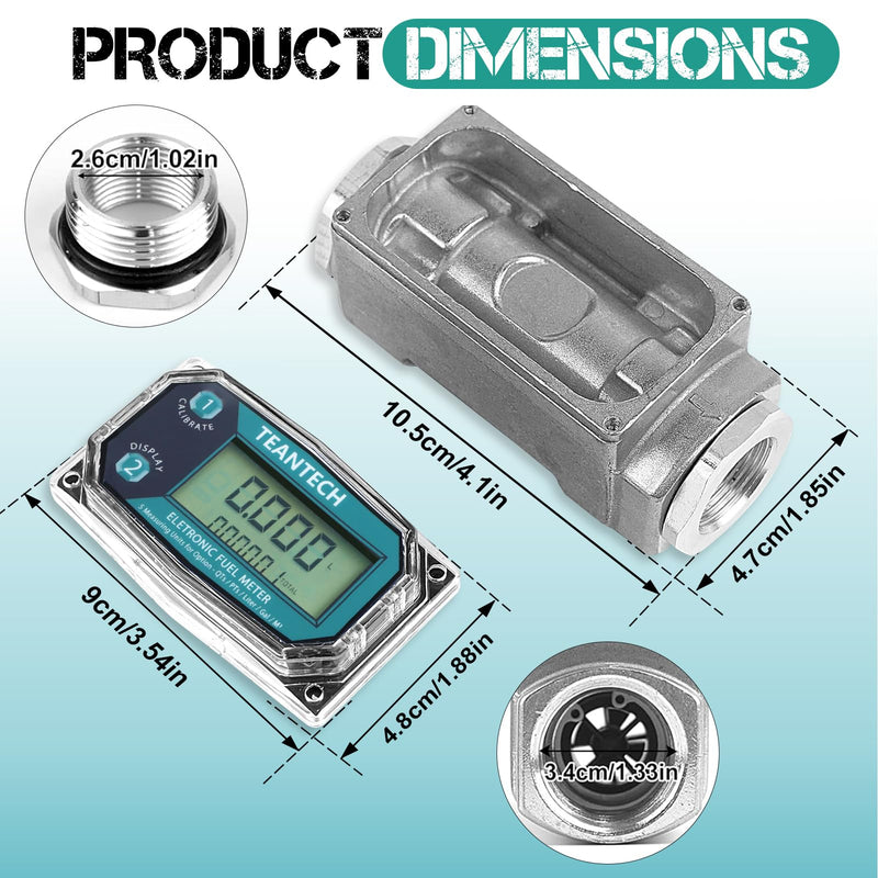 1Pack 1 in Digital Turbine Fuel Flow Meter with 3/4 in Adapters, High Accuracy Diesel Flow Meter with NPT Counter, Digital LCD with 5 Units, Auto Shut Off, for Gasoline/Kerosene/Water 1 inch & 3/4 inch Green