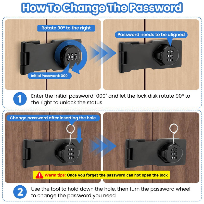 Keyless Cabinet Lock with Combination Code - 3-Digit Password Hasp Latch Lock for Drawers, Bifold Closet Door and Double Sided Door (Black, 4.5 Inch) 1 Pack Black