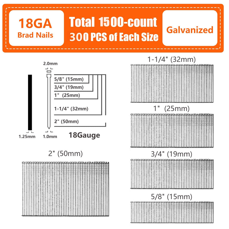 18 Gauge Galvanized Brad Nails Brown T-Head 5 Sizes 1500-Pack (5/8"+3/4"+1"+1-1/4"+2"),300 per Size, Assorted Size Project Pack, for Pneumatic, Electric 18GA Brad Nailer Gun assembly 1500