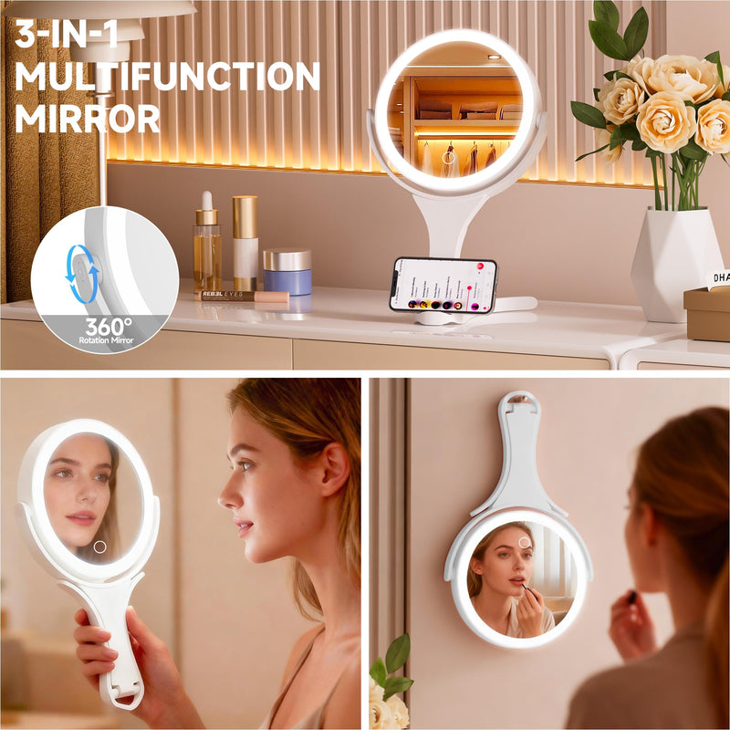 Hasipu Portable Travel Makeup Mirror with Lights – 360° Rotating with 1X/10X Magnifying, Rechargeable Tabletop Handhold Hanging 3 in 1 Mirror (White) White