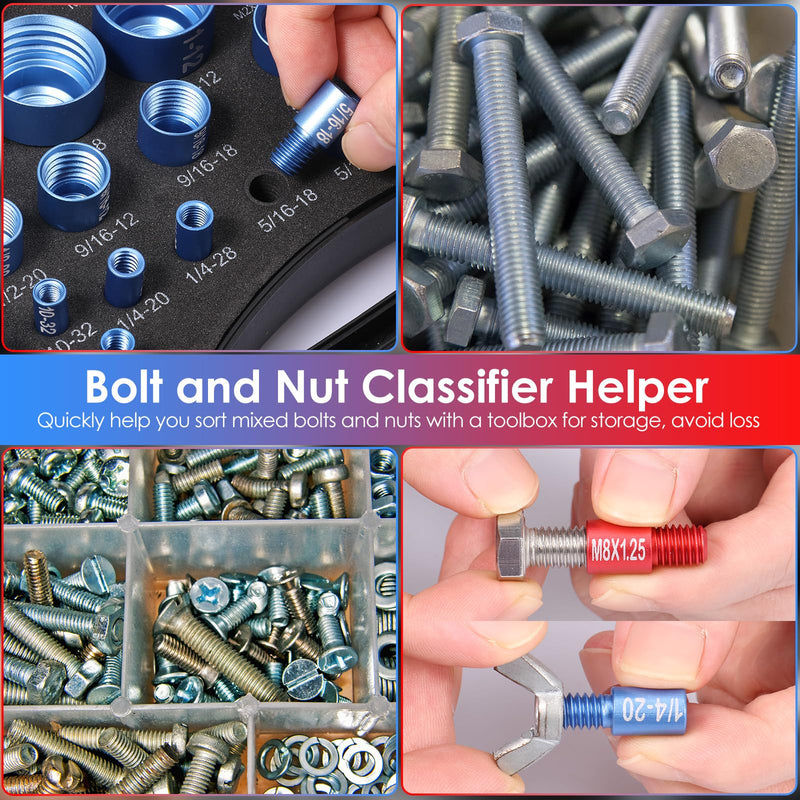 52-Piece Nut and Bolt Thread Checker + Thread Gauge Set, 28 SAE (Blue) and 24 Metric (Red) with 58-Blade Pitch Gauge, Portable Bolt Size Finder for Tight Spaces, Mechanics Repairs, and DIY Projects