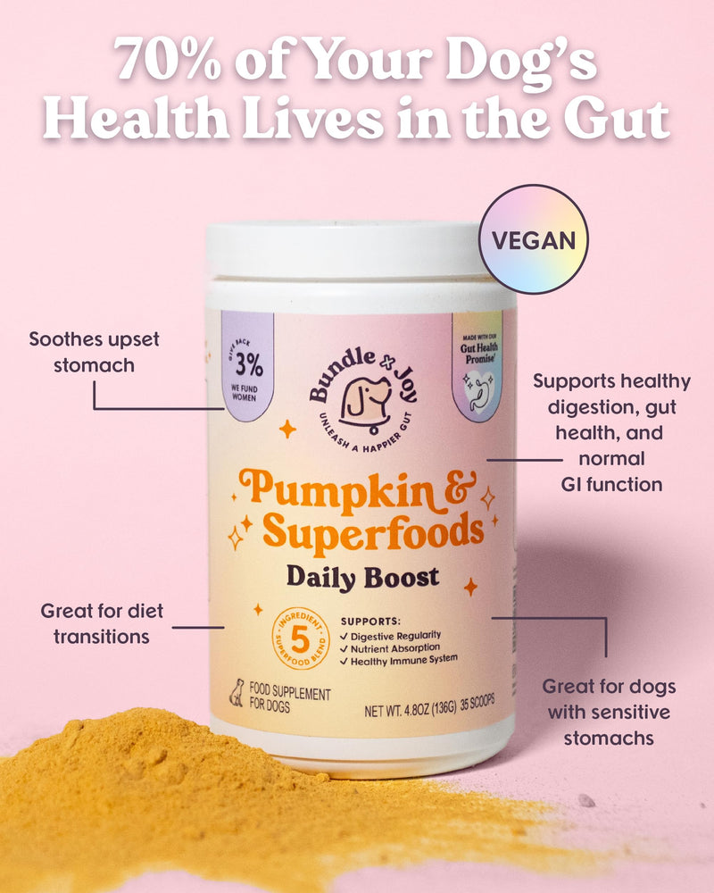Bundle x Joy Superfoods with Pumpkin for Dogs Daily Boost, Vegan Digestive Support, Gut Health for Dogs, Supports Stomach Upset & Loose Stools, Dog Supplements Made in USA - 35 Scoops